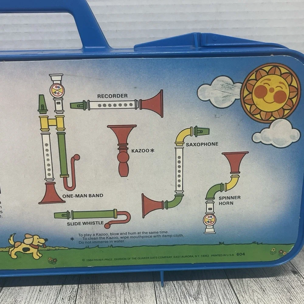Vintage 1984 Fisher-Price Crazy Combo Horn Set 604 Incomplete Blue Case